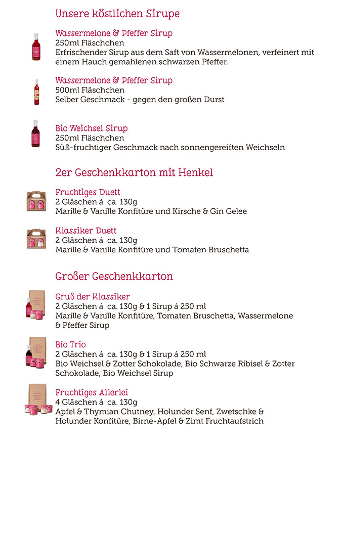 Auflistung aller Produkte mit Bildern der Gläser, Flaschen und Kartons Seite 2