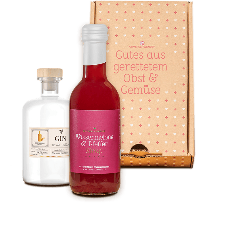 Unverschwendet Erlebnispaket Gin und Wassermelone Erlebnisbox bestehend aus einer Flasche Unverschwendet Wassermelone & Pfeffer Sirup sowie einer Flasche Gin aus Wien.