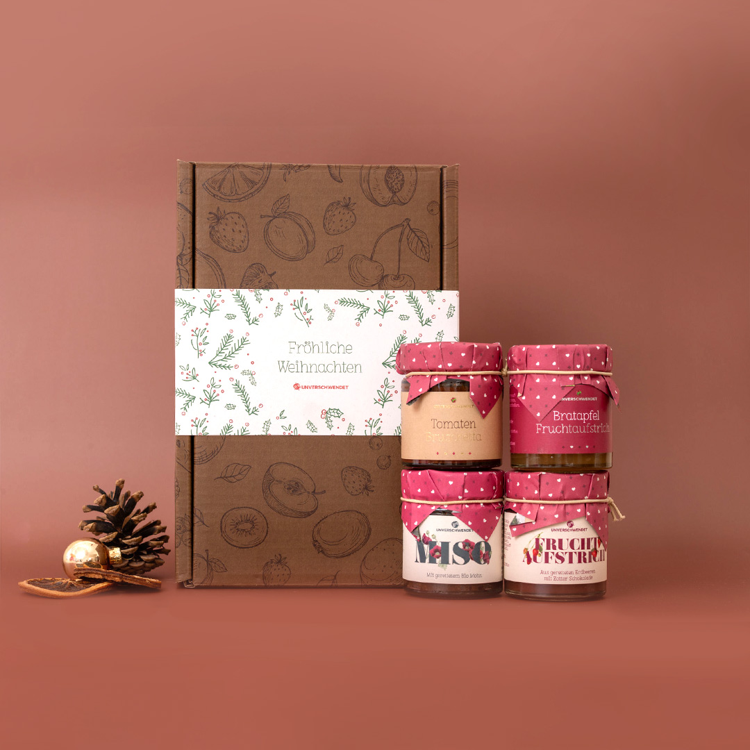 Geschenkkarton Genussvolle Feiertage Weihnachten rot-grün-weiß