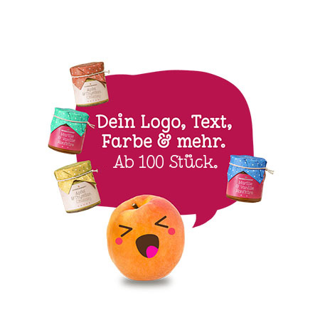 Eine Marillen-Figur erklärt, dass man Unverschwendet Produkte auch mit eigenen Farbe, Logo und Text gestalten kann.