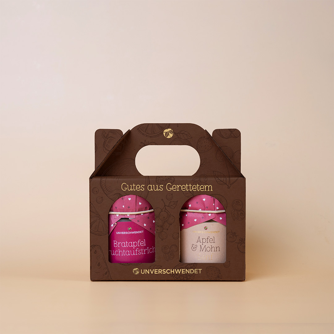 Geschenkkarton-Set mit Feinkostgläschen (Vorderansicht) Geschenkkarton-Set mit Feinkostgläschen