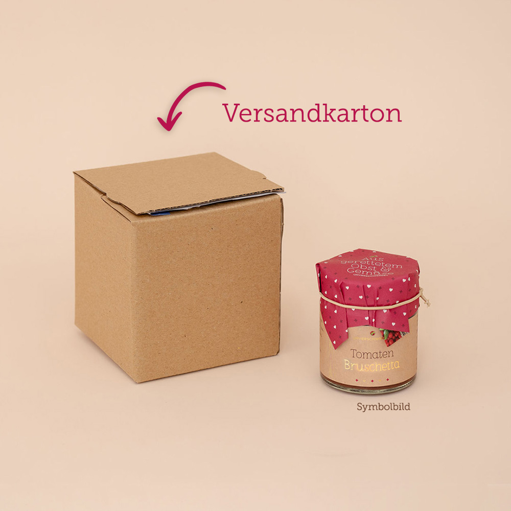 Versandkarton für einzelnen Feinkost-Gläschen (Vorderansicht) Versandkarton für einzelnen Feinkost-Gläschen