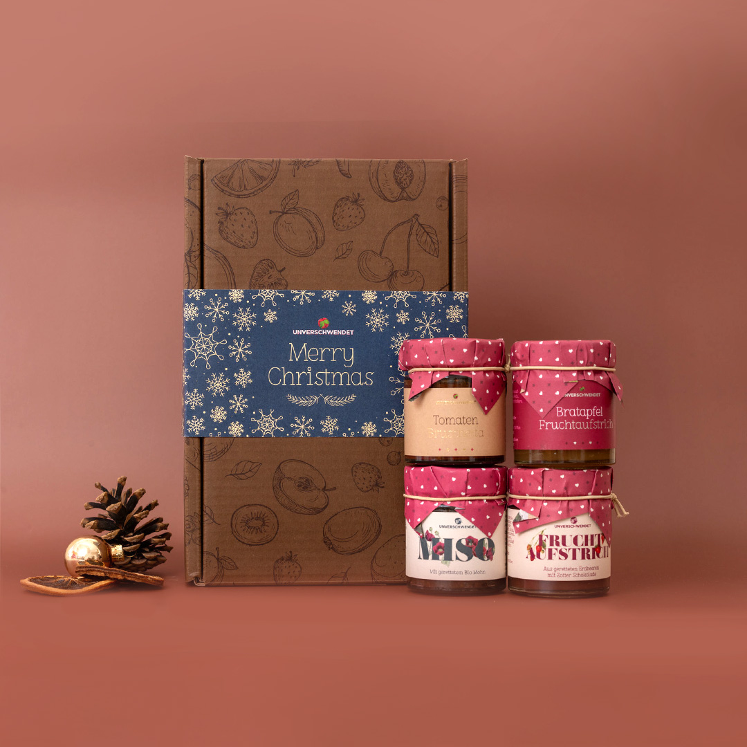 Geschenkkarton Genussvolle Feiertage Weihnachten blau-gold Geschenkkarton Genussvolle Feiertage Weihnachten blau-gold