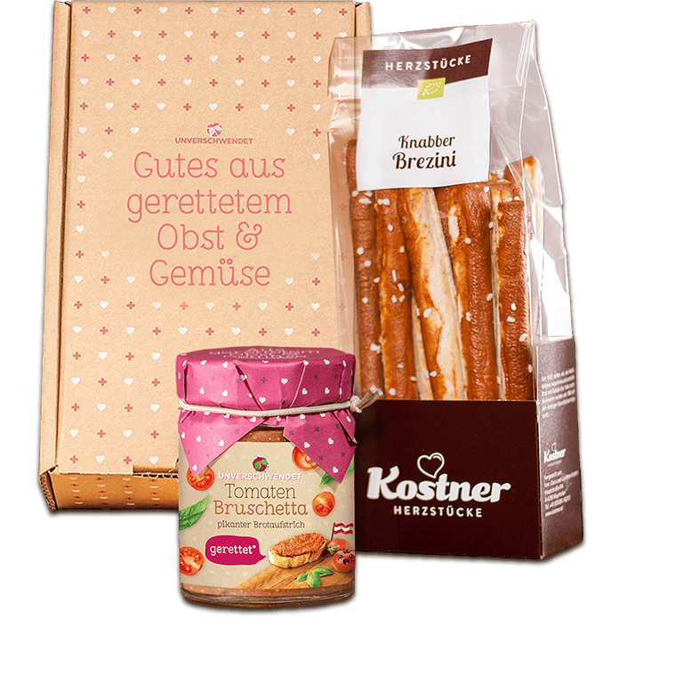 Feine Tomaten Bruschetta kombiniert mit Brezini-Sticks in einer schönen Geschenkbox .