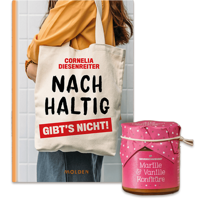 Buch „Nachhalitg gibt‘s nicht“ in Kombination mit Marille & Vanille Konfitüre.