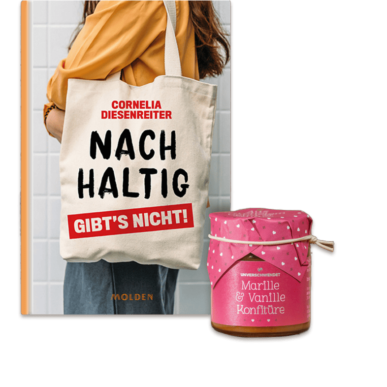 "Nachhaltig gibt's nicht" Geschenkset Buch „Nachhalitg gibt‘s nicht“ in Kombination mit Marille & Vanille Konfitüre.